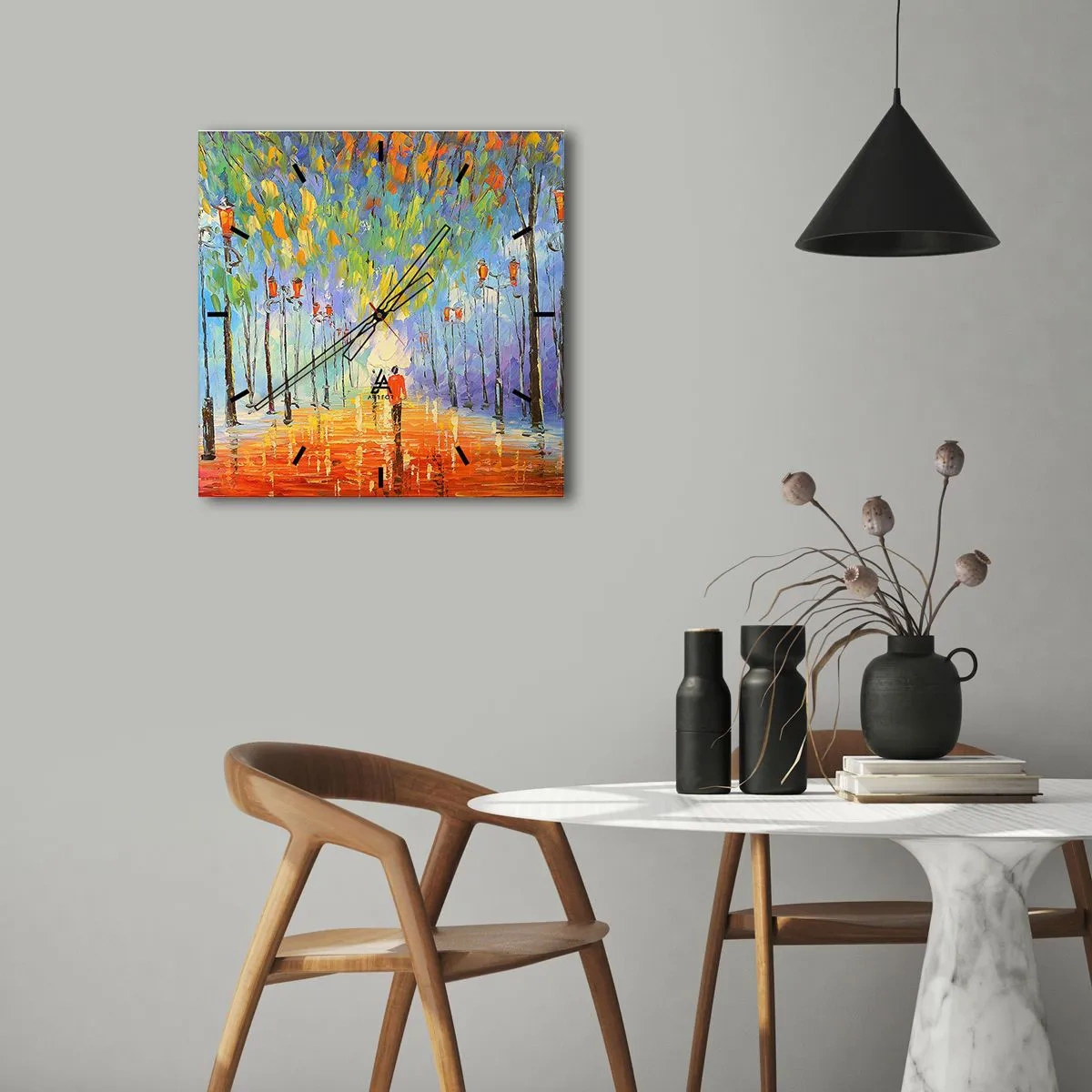 Horloge murale - Pendule murale - Une promenade pittoresque parmi les lanternes par une nuit pluvieuse - 30x30cm - Chant nocturne de la pluie - Décoration murale moderne pour le salon et la chambre ARTTOR