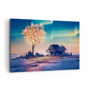Impression sur toile - Image sur toile - Une maison et un arbre en fleurs sous le ciel nocturne - 120x80cm - La nature ne passe pas - Décoration murale moderne pour le salon et la chambre ARTTOR
