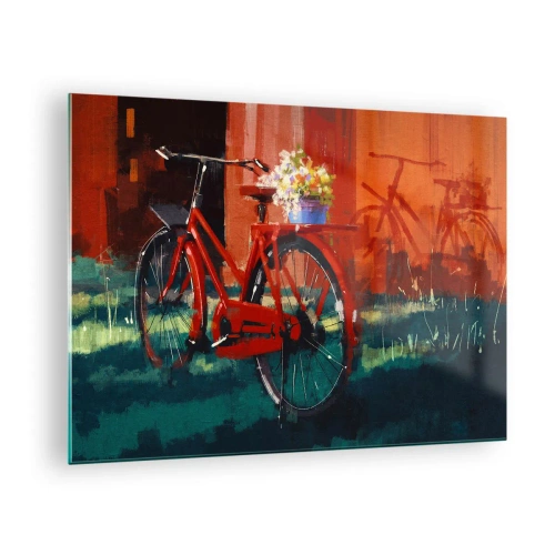 Impression sur verre - Image sur verre - Un vélo rouge avec des fleurs devant un bâtiment rouge - 70x50cm - I want to ride my bicycle - Décoration murale moderne pour le salon et la chambre ARTTOR
