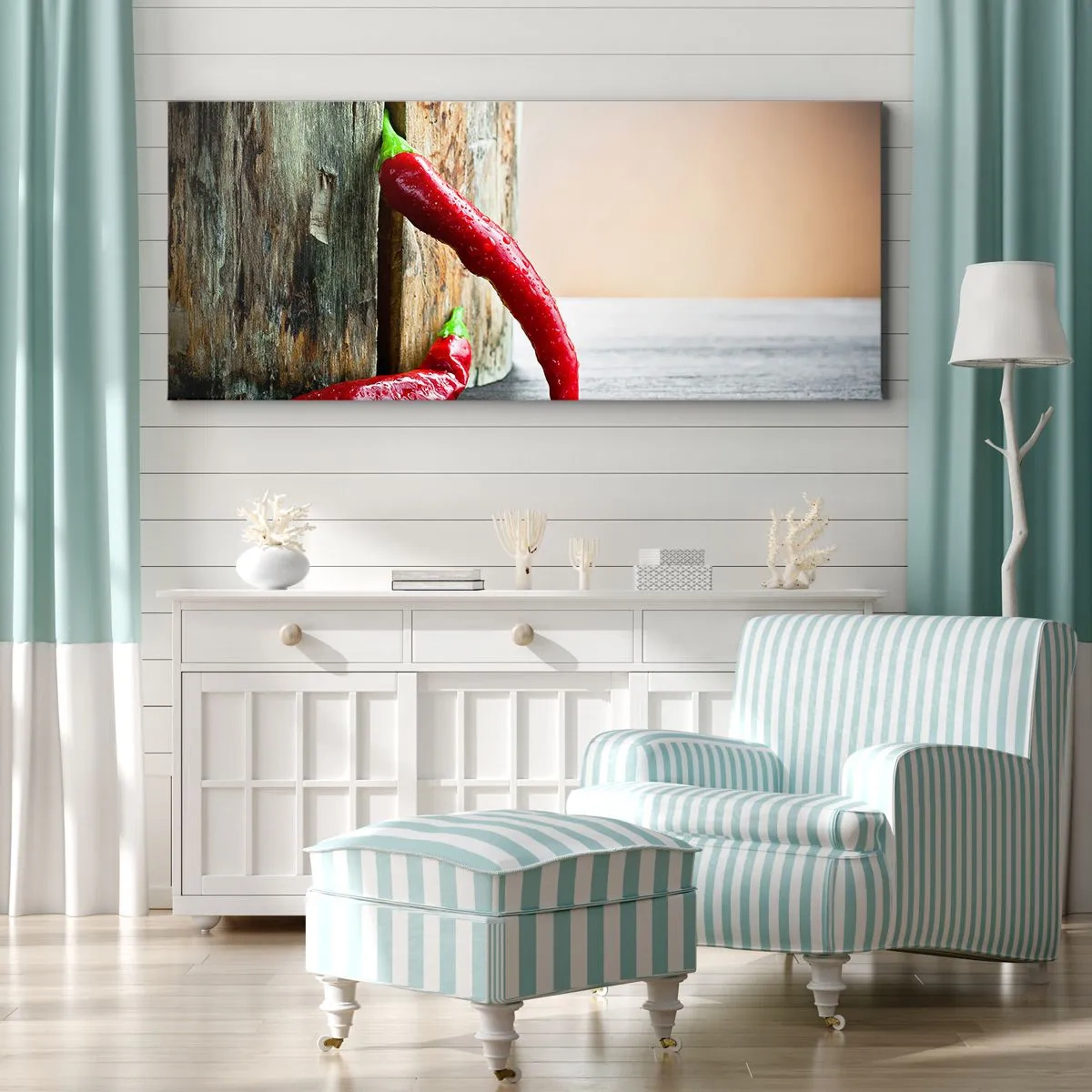 Impression sur toile - Image sur toile - Deux piments rouges sur un fond en bois avec un accent rustique - 140x50cm - Red hot chili peppers - Décoration murale moderne pour le salon et la chambre ARTTOR