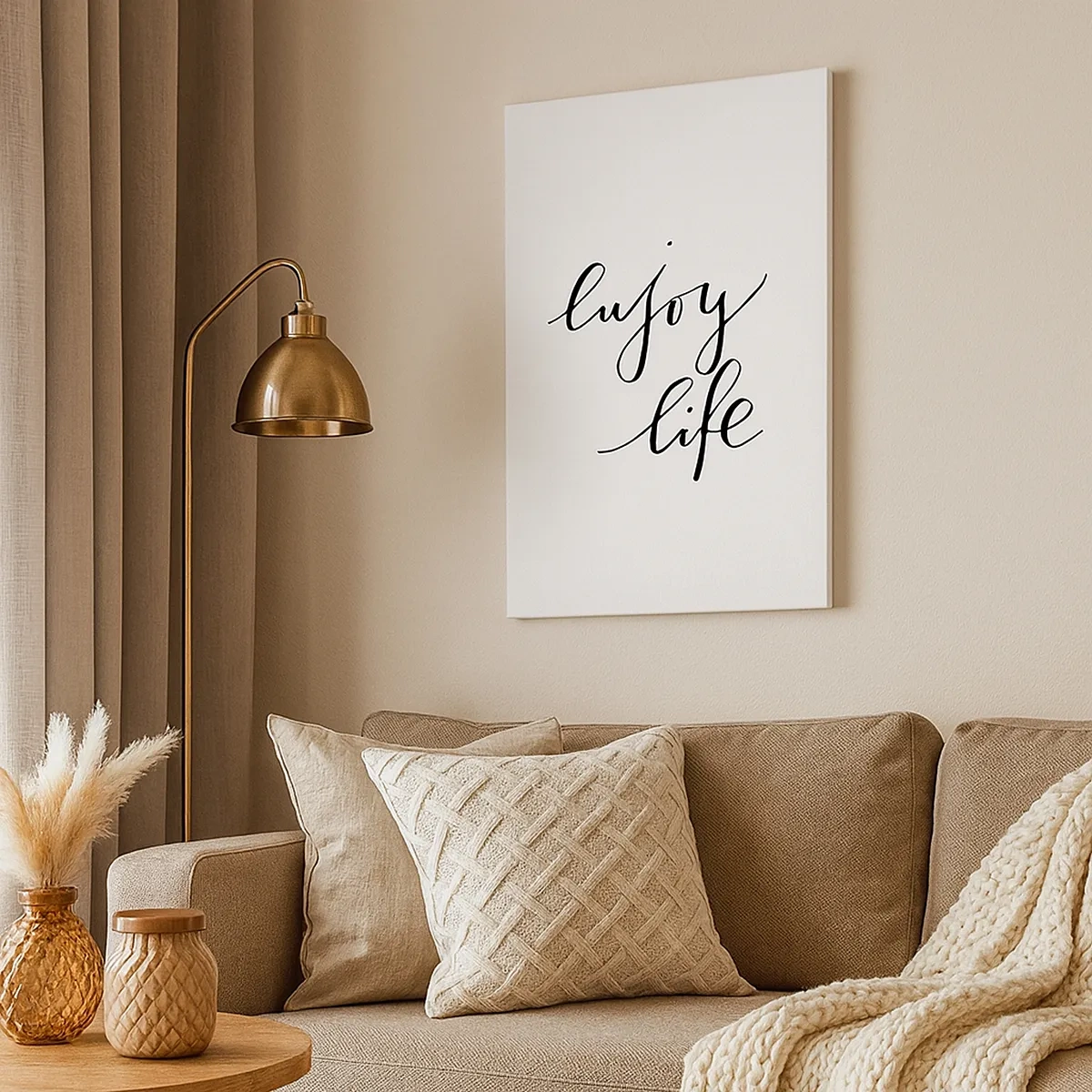 Impression sur toile - Image sur toile - La citation «Profitez de la vie» en calligraphie noire sur fond blanc - 50x70cm - Rien à ajouter.... - Décoration murale moderne pour le salon et la chambre ARTTOR