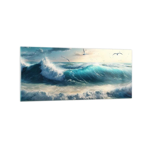Impression sur verre - Image sur verre - Vagues de la mer sur la plage sous un ciel bleu avec des mouettes - 120x50cm - Ça bourdonne seulement pour toi - Décoration murale moderne pour le salon et la chambre ARTTOR