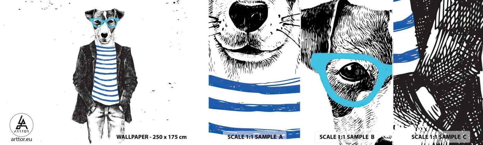 Échantillon de Papier Peint Autocollant Deluxe Sticker - Un charme de chien - Abstraction, Homme, Chien - 100x30 cm