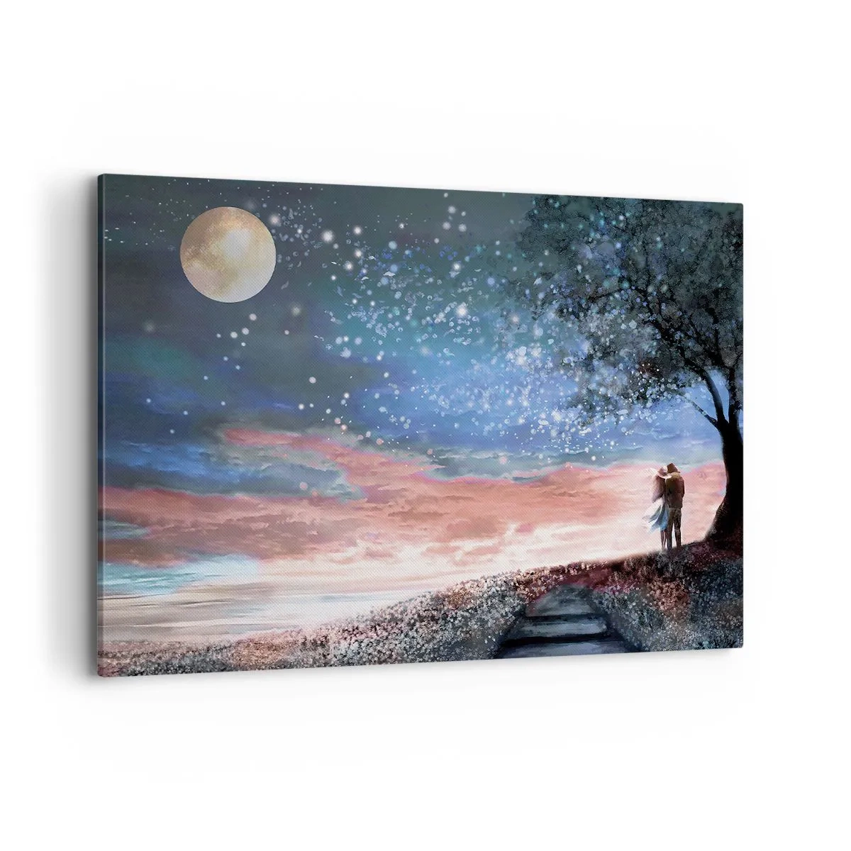 Impression sur toile - Image sur toile - Scène de couple romantique sous la pleine lune - 100x70cm - Spectacle étoilé - Décoration murale moderne pour le salon et la chambre ARTTOR
