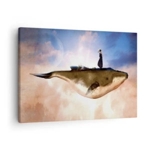 Impression sur toile - Image sur toile - Une scène fantastique d'une femme sur une baleine parmi les nuages - 70x50cm - Voyage irréel - Décoration murale moderne pour le salon et la chambre ARTTOR