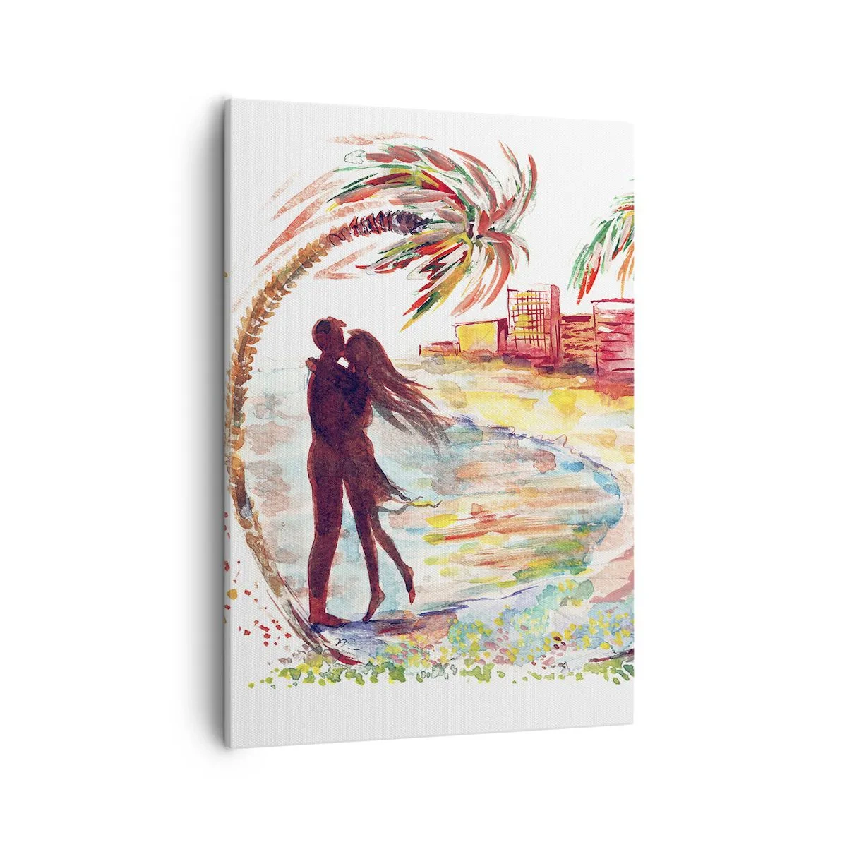 Impression sur toile - Image sur toile - Scène de couple romantique sur une plage avec des palmiers à l'aquarelle - 50x70cm - Vacances romantiques - Décoration murale moderne pour le salon et la chambre ARTTOR