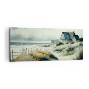 Impression sur toile - Image sur toile - Une maison de bord de mer entourée d'herbe et surplombant la mer - 120x50cm - Loin de l'agitation - Décoration murale moderne pour le salon et la chambre ARTTOR