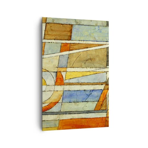 Impression sur toile - Image sur toile - Abstraction géométrique dans les tons beige, bleu et orange - 80x120cm - Cubisme sur le chantier - Décoration murale moderne pour le salon et la chambre ARTTOR