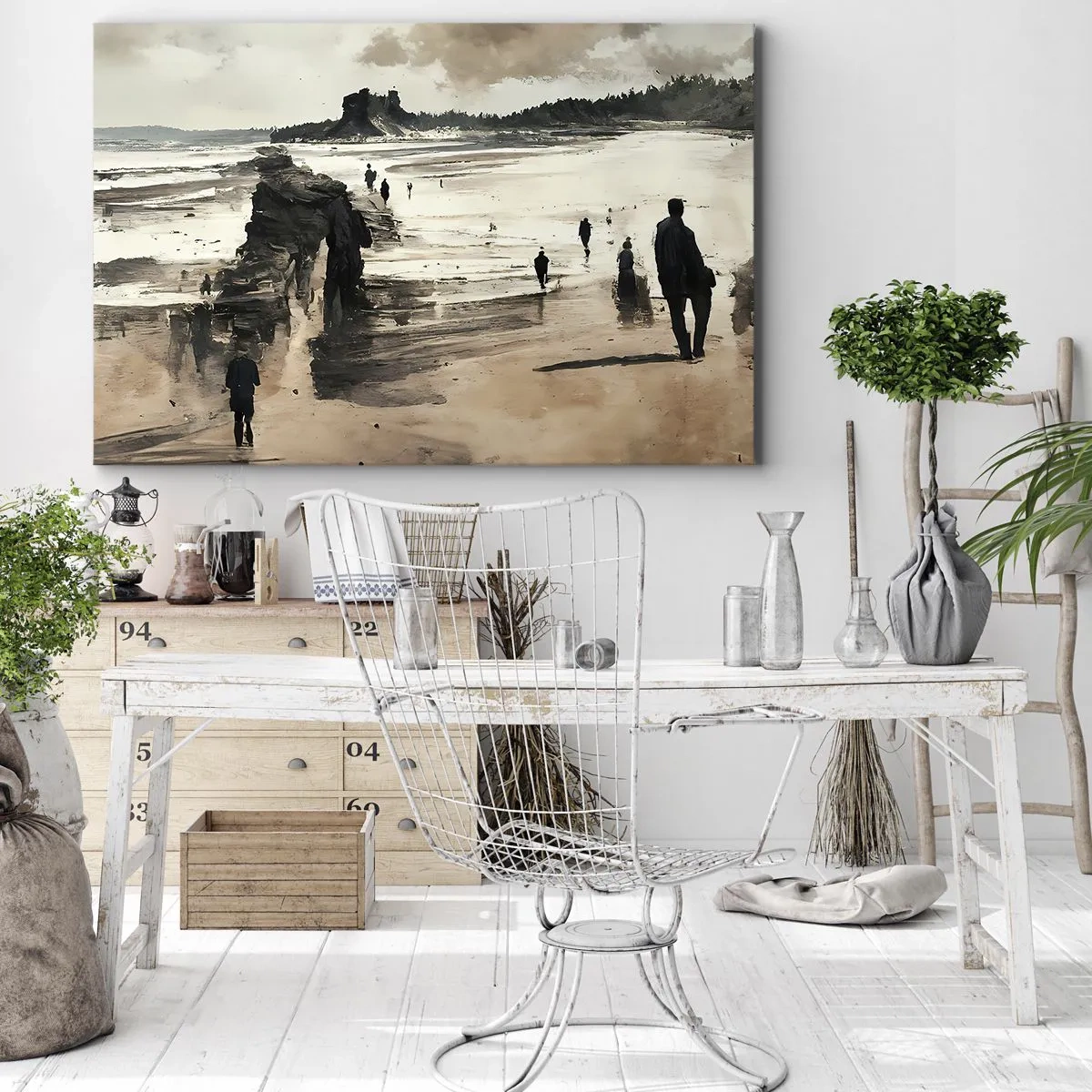 Impression sur toile - Image sur toile - Promeneurs sur la plage dans un paysage paisible - 120x80cm - Invoqué - Décoration murale moderne pour le salon et la chambre ARTTOR