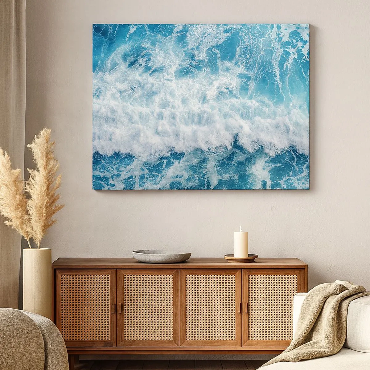 Impression sur toile - Image sur toile - Vagues océaniques dynamiques dans des tons de bleu - 70x50cm - Joyeusement et en sautant - Décoration murale moderne pour le salon et la chambre ARTTOR