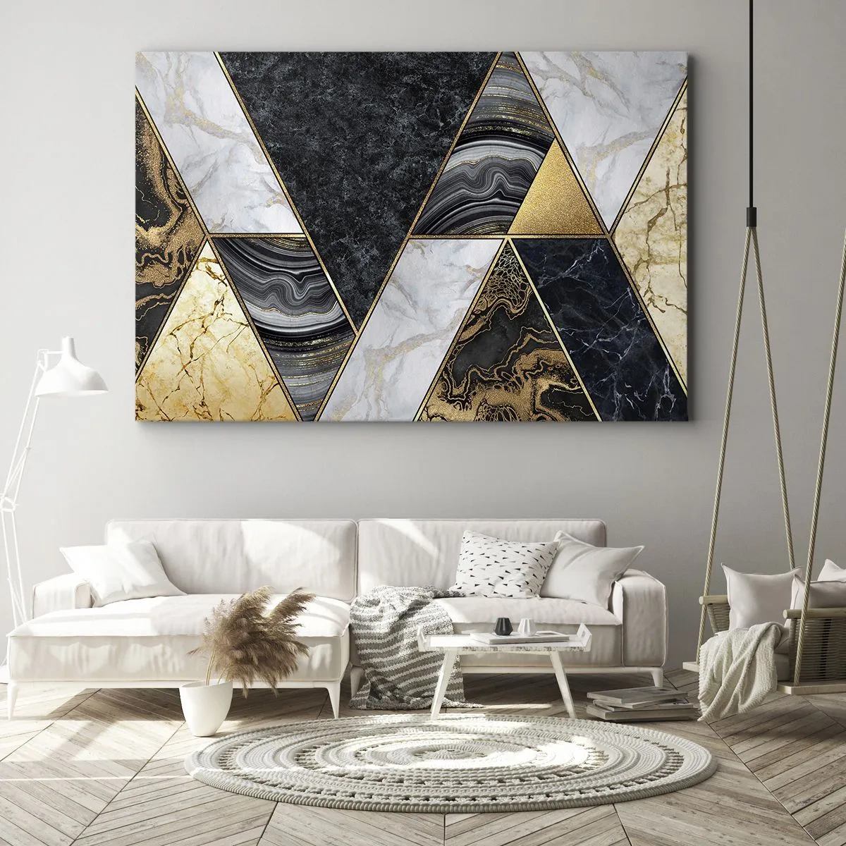 Impression sur toile - Image sur toile - Triangles géométriques en or, marbre et nuances sombres - 100x70cm - Pierre après pierre - Décoration murale moderne pour le salon et la chambre ARTTOR