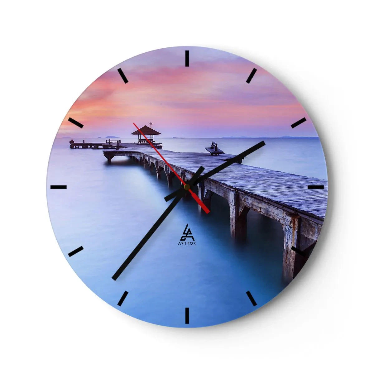 Horloge murale - Pendule murale - Une jetée en bois au coucher du soleil sur une mer calme - 30x30cm - Une mer de calme jusqu'à l'horizon - Décoration murale moderne pour le salon, la cuisine et la chambre ARTTOR