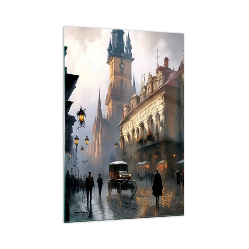 Impression sur verre - Image sur verre - Scène de rue en soirée avec une architecture historique - 70x100cm - Le charme d'une soirée pragoise - Décoration murale moderne pour le salon et la chambre ARTTOR