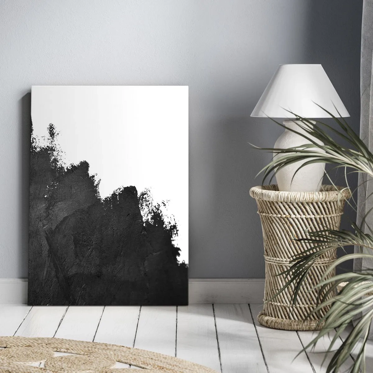 Impression sur toile - Image sur toile - Abstraction en noir et blanc avec des coups de pinceau contrastés - 50x70cm - Éléments : terre - Décoration murale moderne pour le salon et la chambre ARTTOR