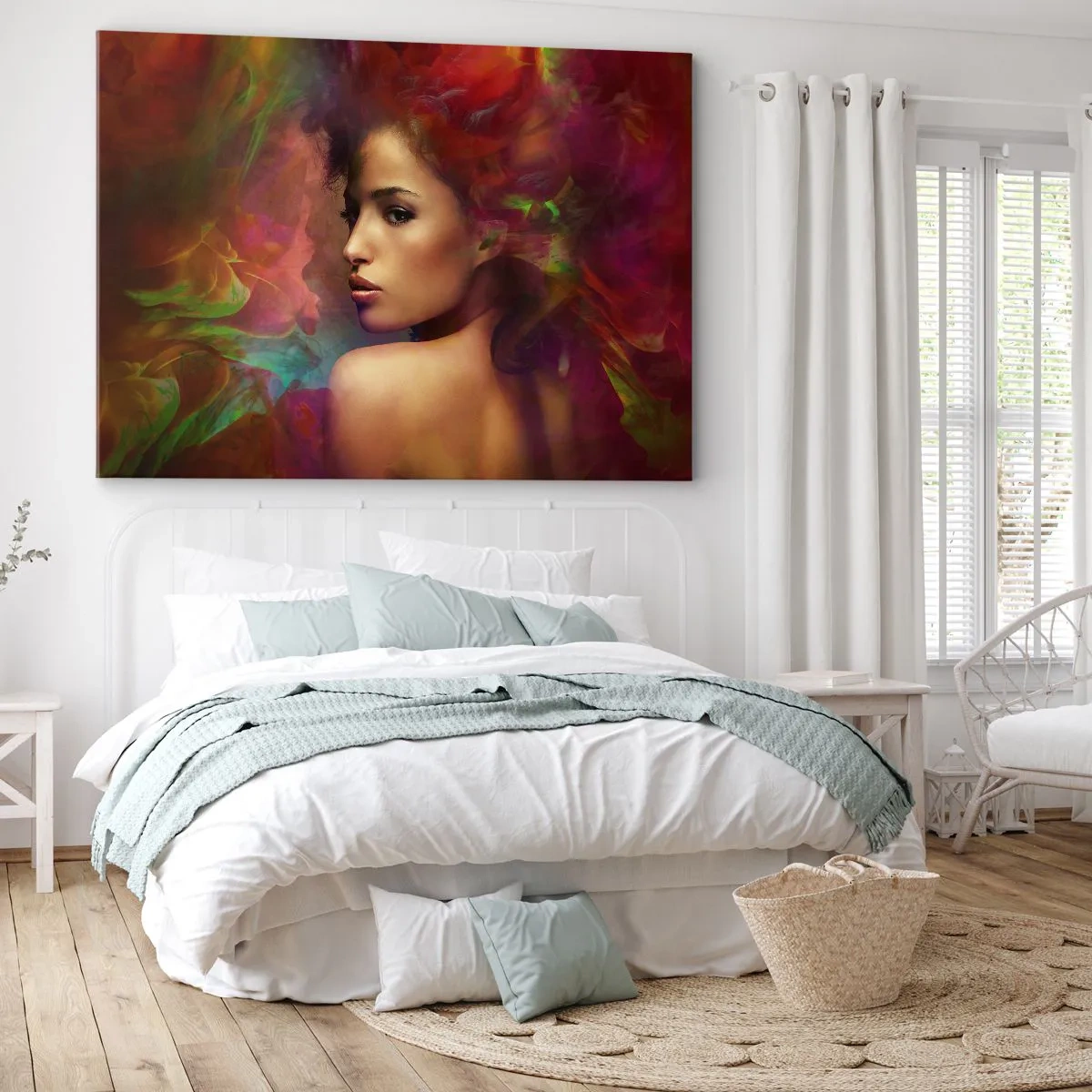 Impression sur toile - Image sur toile - Une femme aux reflets colorés créant un arrière-plan abstrait - 70x50cm - Plus beau qu'un arc-en-ciel, aussi délicat qu'un brouillard - Décoration murale moderne pour le salon et la chambre ARTTOR