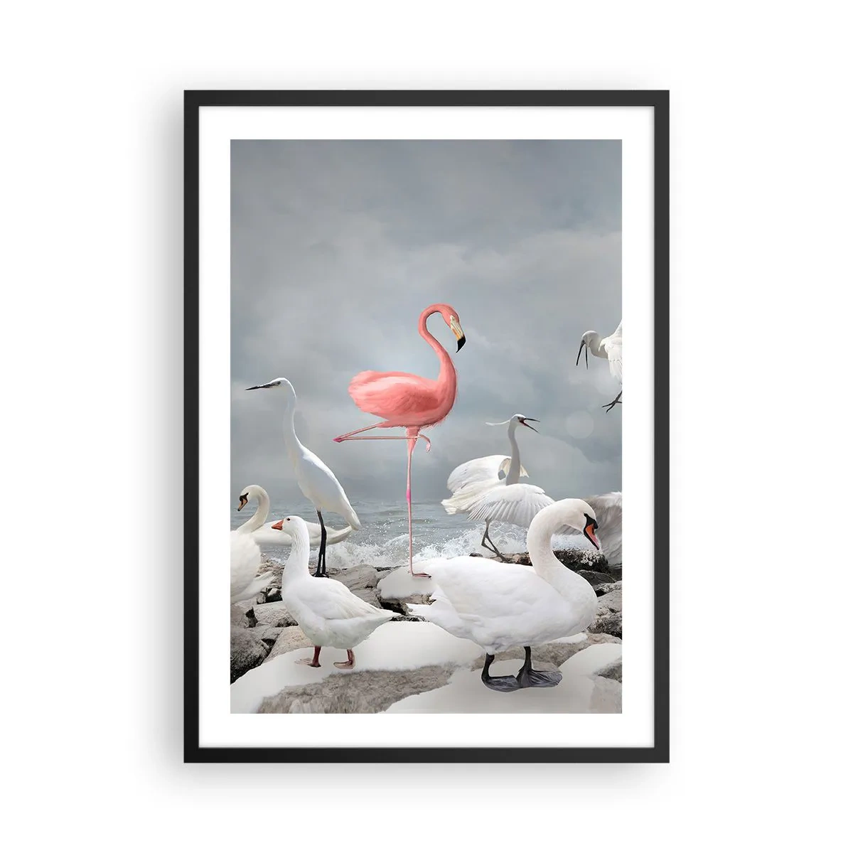 Affiche dans un cadre noir - Poster - Un flamant rose entouré d'oiseaux blancs dans le ciel - 50x70cm - Comment suis-je arrivé là? - Décoration murale moderne pour le salon et la chambre ARTTOR