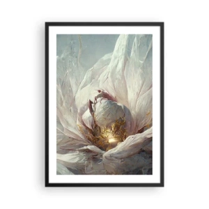 Affiche dans un cadre noir - Poster - Une abstraction subtile avec un motif floral dans des tons délicats de blanc et d'or. - 50x70cm - Il fleurit une fois tous les cent ans - Décoration murale moderne pour le salon et la chambre ARTTOR