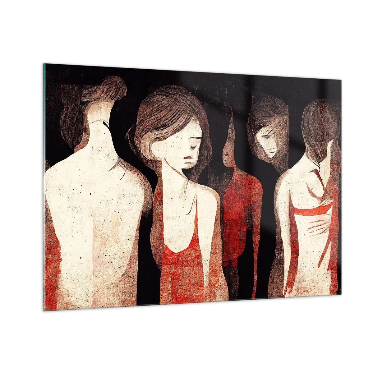 Impression sur verre - Image sur verre - Silhouettes féminines abstraites en rouge sur fond noir - 100x70cm - Madones des ténèbres - Décoration murale moderne pour le salon et la chambre ARTTOR