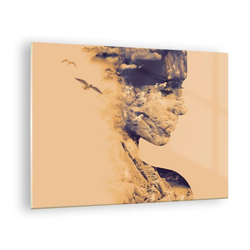 Impression sur verre - Image sur verre - Silhouette d'une femme avec un motif de paysage et d'oiseaux - 70x50cm - Beauté de la nature - Décoration murale moderne pour le salon et la chambre ARTTOR