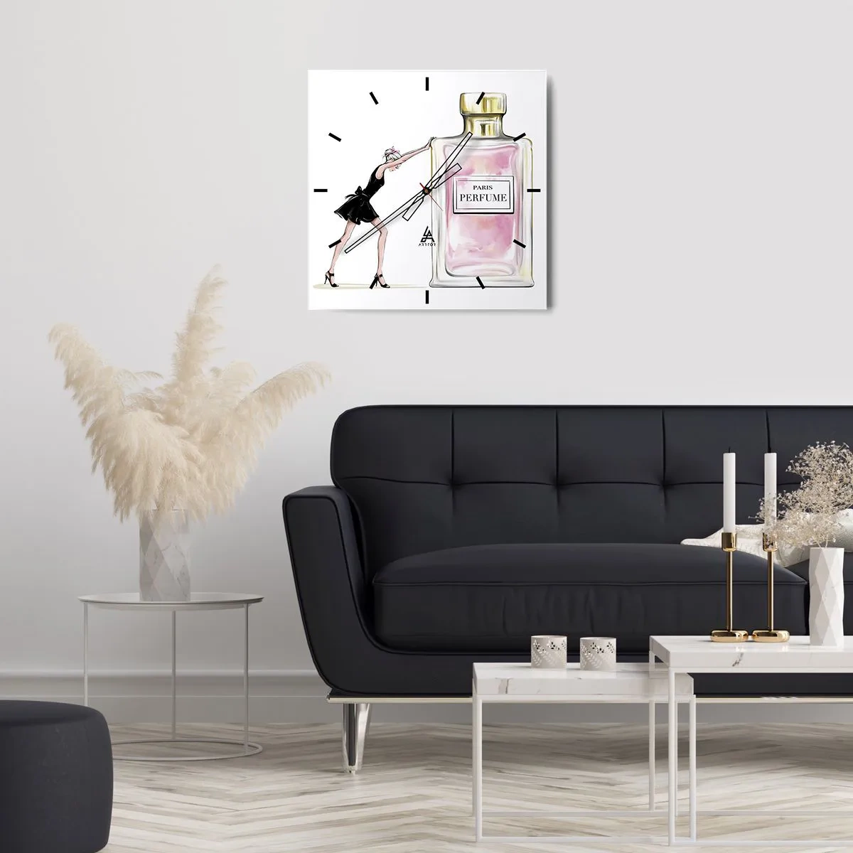 Horloge murale - Pendule murale - Une femme en robe noire à côté d'un flacon de parfum - 30x30cm - L'essence des femmes - Décoration murale moderne pour le salon et la chambre ARTTOR