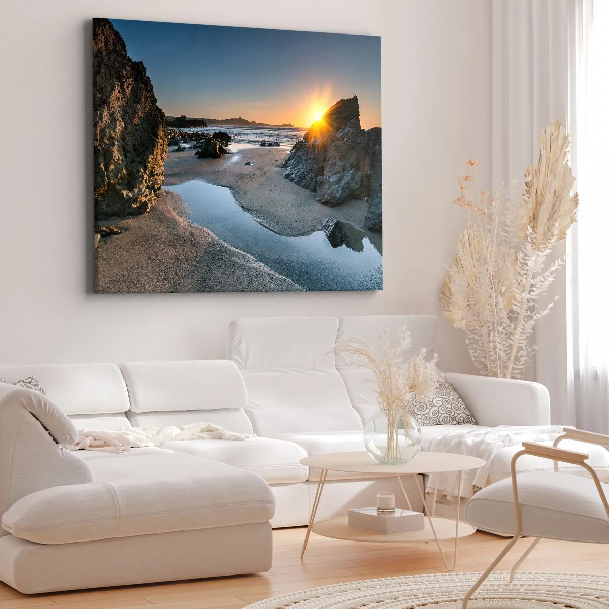 Impression sur toile - Image sur toile - Coucher de soleil pittoresque sur une plage rocheuse - 120x80cm - Intouché par la main de l'homme - Décoration murale moderne pour le salon et la chambre ARTTOR