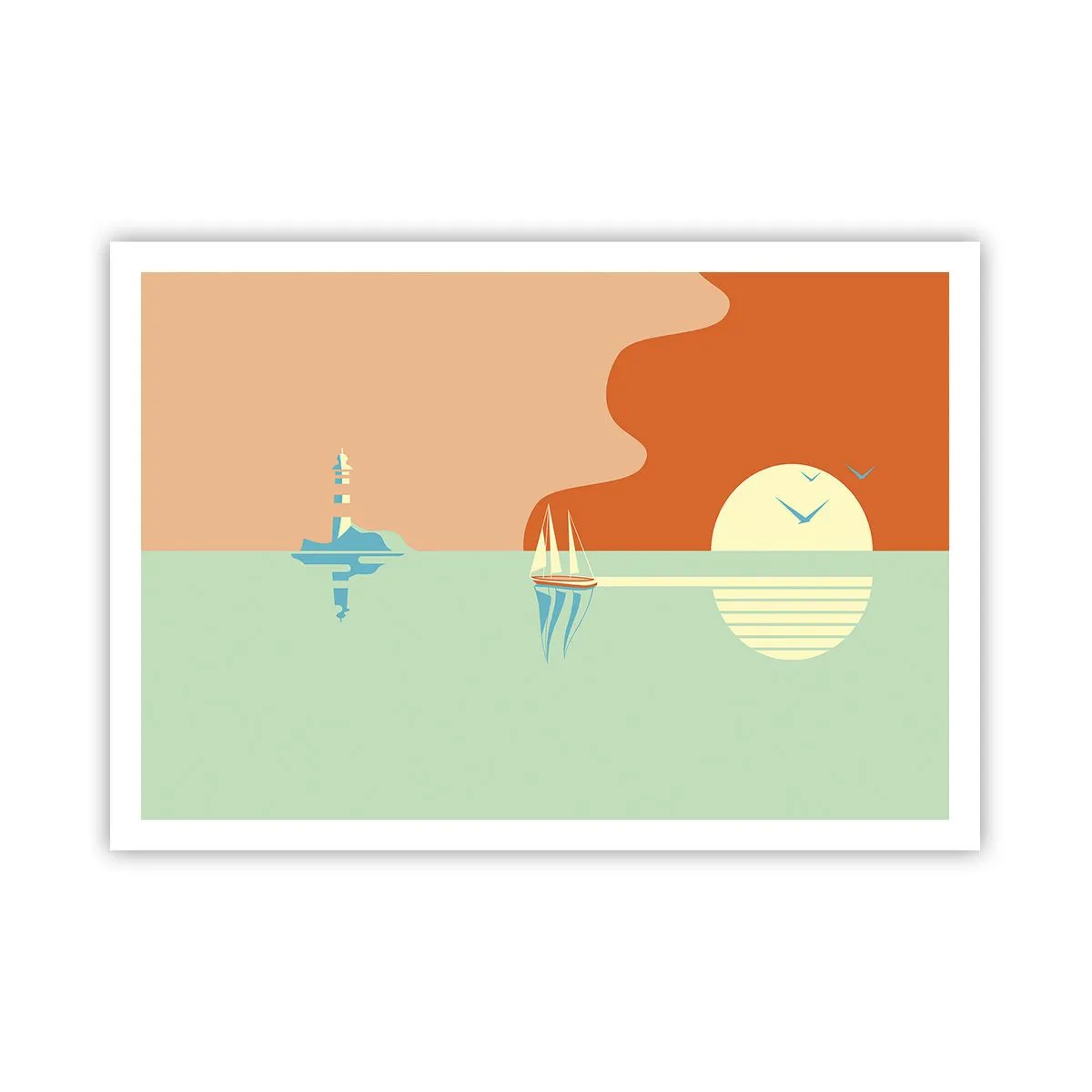 Affiche - Poster - Un paysage marin minimaliste avec un voilier et un coucher de soleil - 100x70cm - Paysage idéal de la mer - Décoration murale moderne pour le salon et la chambre ARTTOR