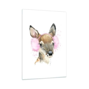 Impression sur verre - Image sur verre - Un cerf avec des cache-oreilles en fourrure rose - 50x70cm - Et le gel n'effraie plus - Décoration murale moderne pour le salon et la chambre ARTTOR