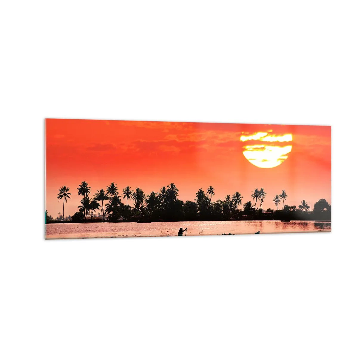 Impression sur verre - Image sur verre - Coucher de soleil tropical avec un bateau et des palmiers en arrière-plan - 140x50cm - La tranquillité des tropiques au coucher du soleil - Décoration murale moderne pour le salon et la chambre ARTTOR