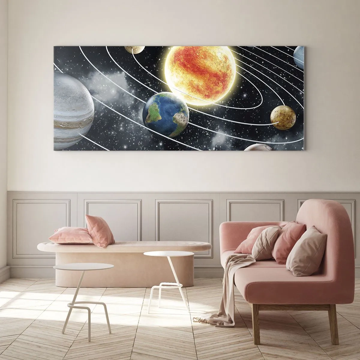 Impression sur verre - Image sur verre - Système solaire avec planètes et soleil dans l'espace - 120x50cm - Danse cosmique - Décoration murale moderne pour le salon et la chambre ARTTOR