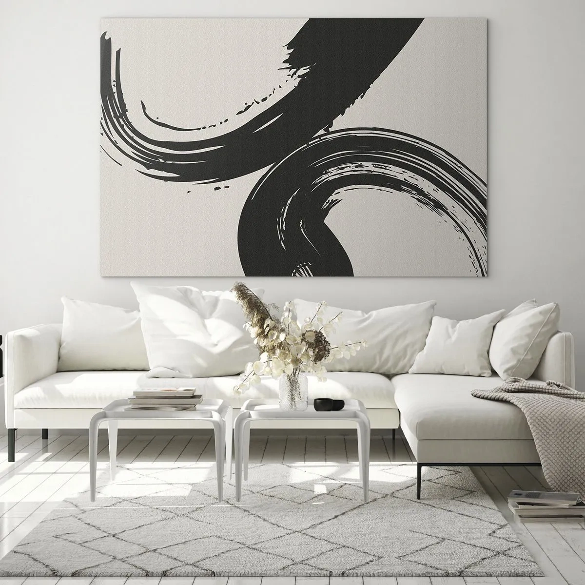 Impression sur verre - Image sur verre - Coups de pinceau calligraphiques noirs et dynamiques sur fond clair. - 70x50cm - Balayage circulaire - Décoration murale moderne pour le salon et la chambre ARTTOR