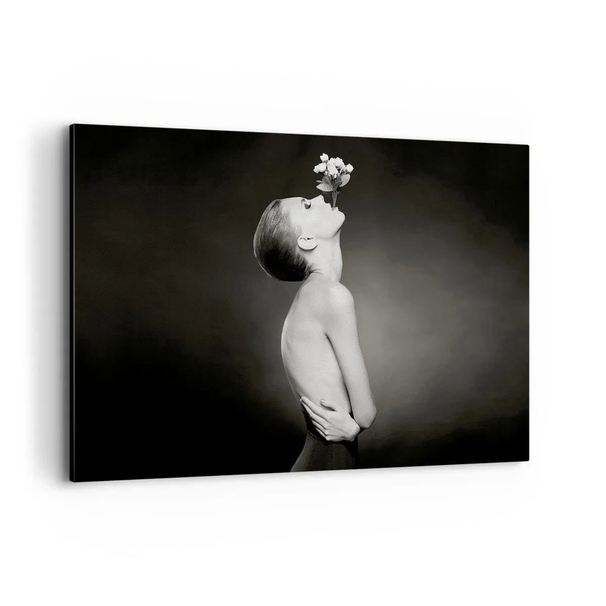 Impression sur toile - Image sur toile - Silhouette noire et blanche d'une femme avec une fleur - 120x80cm - Elégance excentrique - Décoration murale moderne pour le salon et la chambre ARTTOR