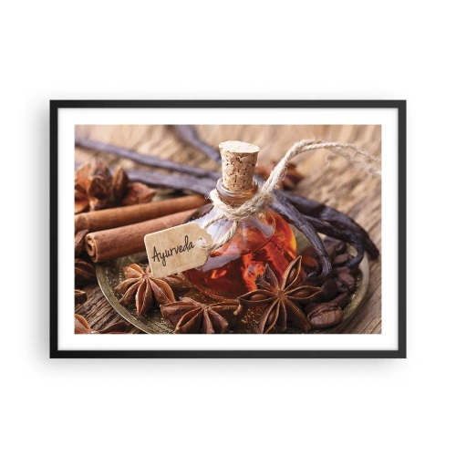 Affiche dans un cadre noir - Poster - Une bouteille d'huile d'épices sur un plateau - 70x50cm - Vers l'unité du corps et de l'esprit - Décoration murale moderne pour le salon et la chambre ARTTOR