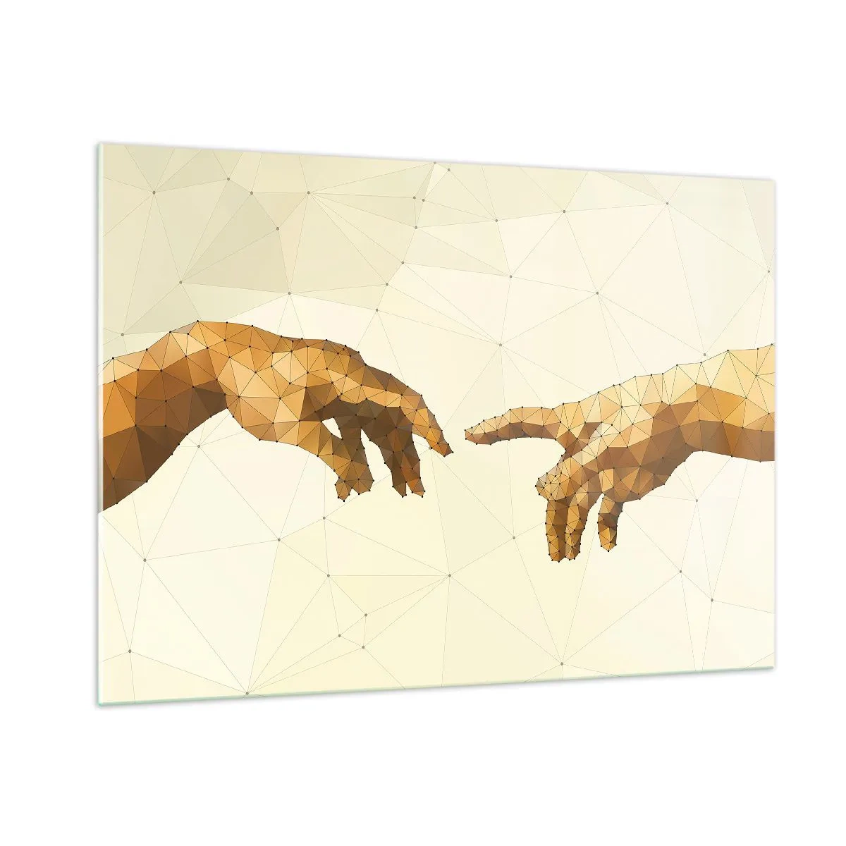 Impression sur verre - Image sur verre - Une version stylisée du tableau « La Création d'Adam » en technique polygonale - 100x70cm - Géométrie divine - Décoration murale moderne pour le salon et la chambre ARTTOR