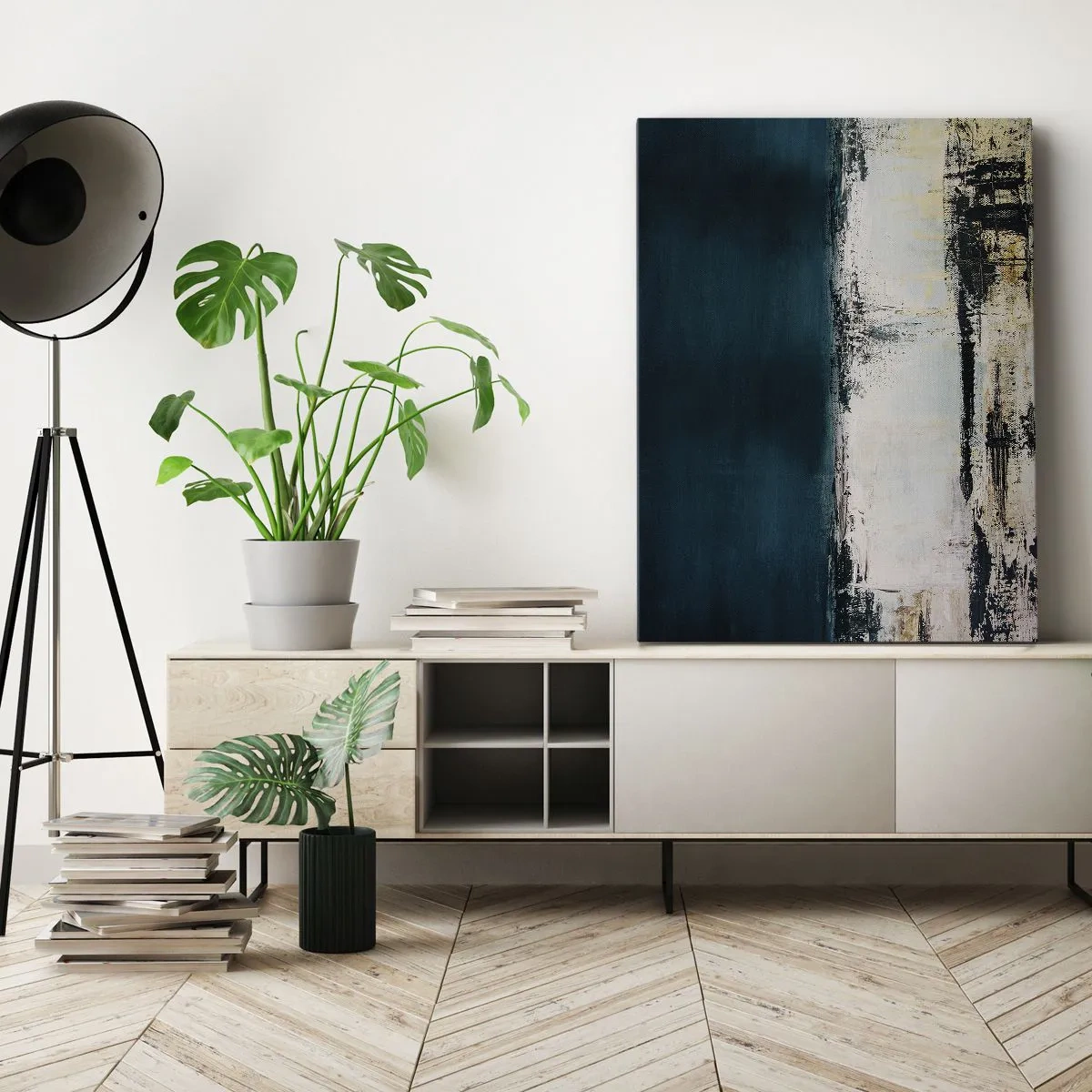 Impression sur toile - Image sur toile - Composition horizontale abstraite dans les tons bleu marine et blanc - 70x100cm - Composition horizontale - Décoration murale moderne pour le salon et la chambre ARTTOR