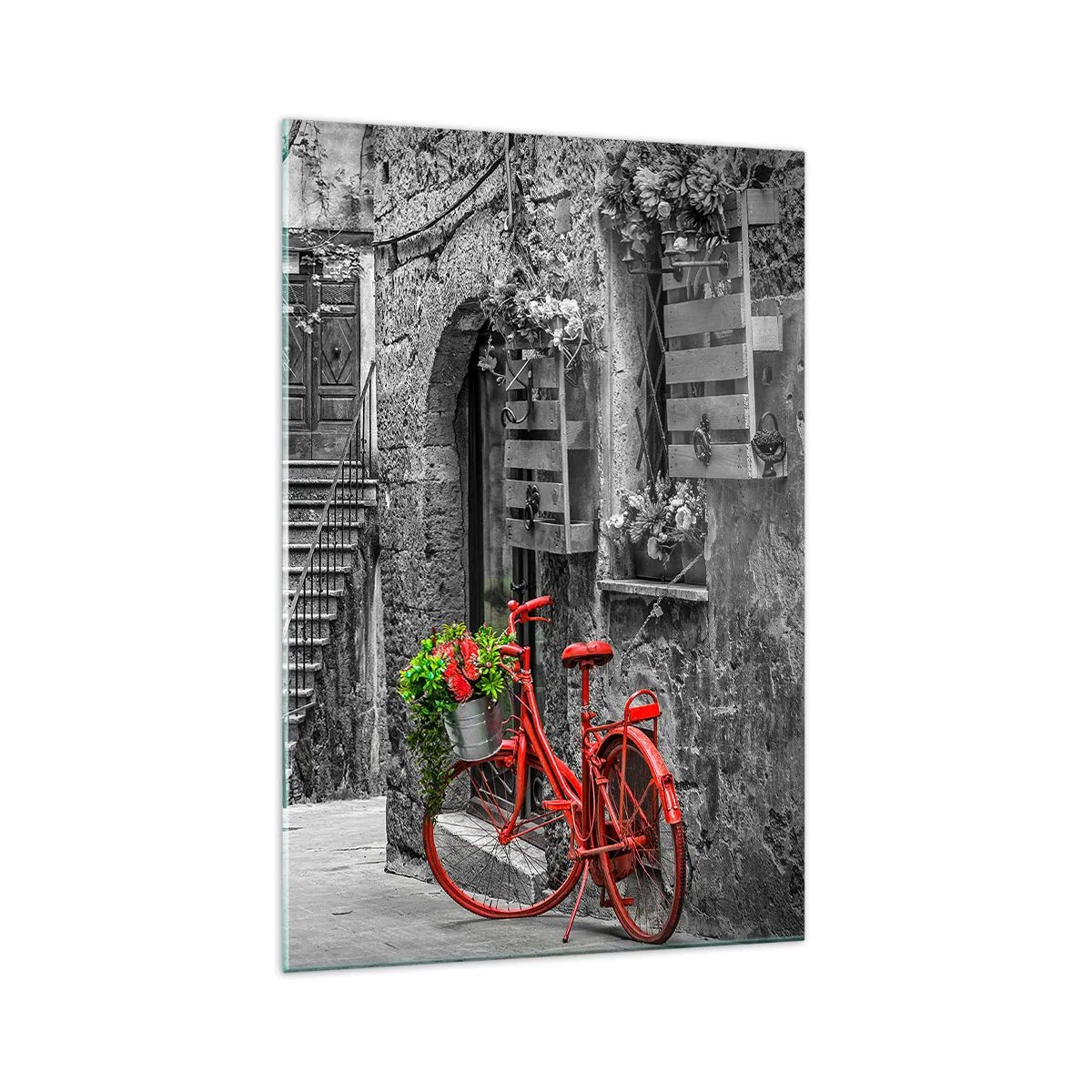 Impression sur verre - Image sur verre - Un vélo rouge dans une rue en noir et blanc - 70x100cm - Ruelle toscane - Décoration murale moderne pour le salon et la chambre ARTTOR