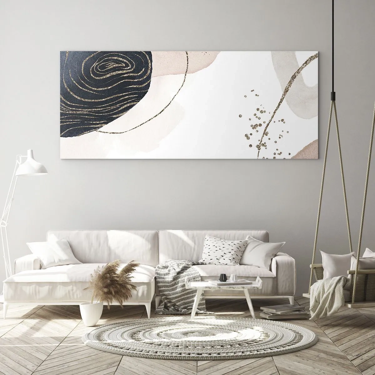 Impression sur verre - Image sur verre - Formes abstraites dans des tons beige et bleu marine avec des détails dorés - 140x50cm - Tout coule - Décoration murale moderne pour le salon et la chambre ARTTOR