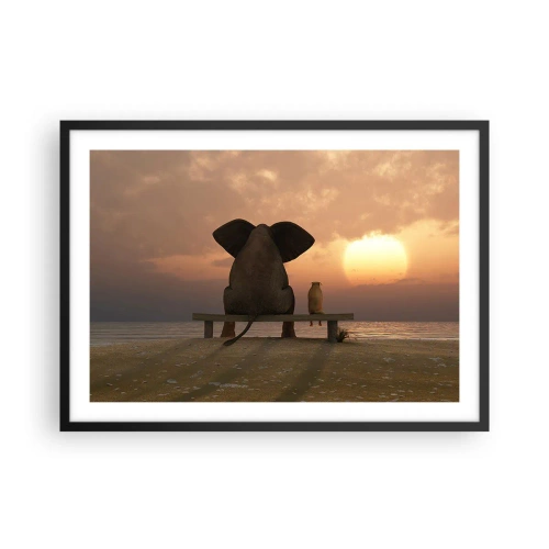 Affiche dans un cadre noir - Poster - Un éléphant et un chien sont assis sur un banc sur la plage au coucher du soleil. - 70x50cm - C'est bon de garder le silence ensemble - Décoration murale moderne pour le salon et la chambre ARTTOR