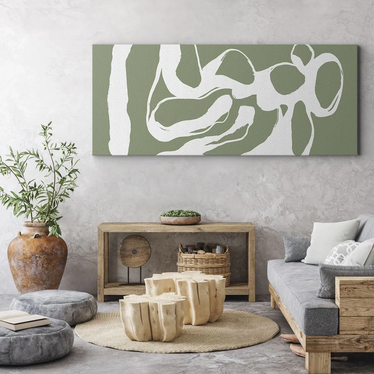 Impression sur toile - Image sur toile - Formes organiques en blanc sur fond vert - 160x50cm - L'appel de l'espace - Décoration murale moderne pour le salon et la chambre ARTTOR