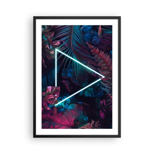 Affiche dans un cadre noir - Poster - Un triangle néon sur fond de végétation tropicale sombre. - 50x70cm - Jardin de style disco - Décoration murale moderne pour le salon et la chambre ARTTOR