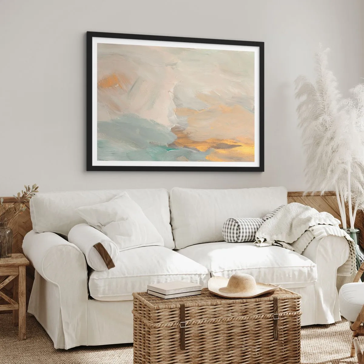 Affiche dans un cadre noir - Poster - Traits abstraits délicats dans des tons de blanc et d'or - 70x50cm - Abstraction – le pays de la douceur - Décoration murale moderne pour le salon et la chambre ARTTOR