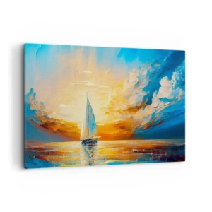 Impression sur toile - Image sur toile - Un voilier sur fond de soleil couchant et de nuages colorés - 120x80cm - Expédition en or - Décoration murale moderne pour le salon et la chambre ARTTOR