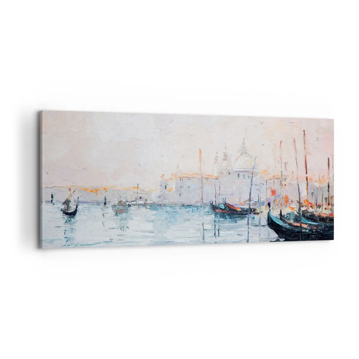 Impression sur toile - Image sur toile - Vue pittoresque des canaux avec des bateaux aux couleurs pastel - 120x50cm - Derrière l'eau, derrière le brouillard - Décoration murale moderne pour le salon et la chambre ARTTOR