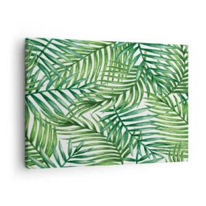 Impression sur toile - Image sur toile - Feuilles de palmier tropicales vertes sur fond clair - 70x50cm - Sous la canopée verte - Décoration murale moderne pour le salon et la chambre ARTTOR