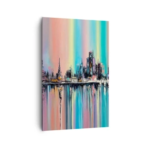 Impression sur toile - Image sur toile - Paysage urbain coloré avec reflet sur l'eau - 80x120cm - Noyé par la lumière de la nuit - Décoration murale moderne pour le salon et la chambre ARTTOR