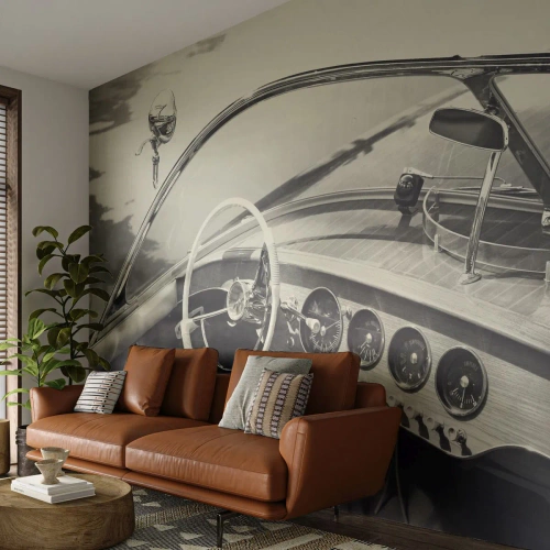 Papier Peint Autocollant Deluxe Sticker - Temps pour riche - Bateau d'époque, Bateau à moteur, Noir et blanc - 300x210 cm
