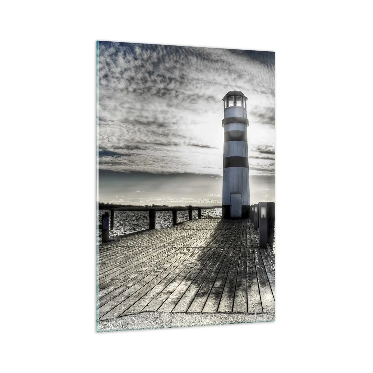 Impression sur verre - Image sur verre - Phare sur une jetée en bois surplombant la mer. - 70x100cm - Marins, je vous attend - Décoration murale moderne pour le salon et la chambre ARTTOR