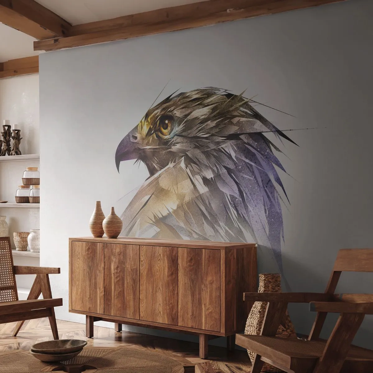 Papier Peint Photo Standard Eco - Portrait d'un guerrier - Abstraction, Aigle, Oiseau - 300x210 cm