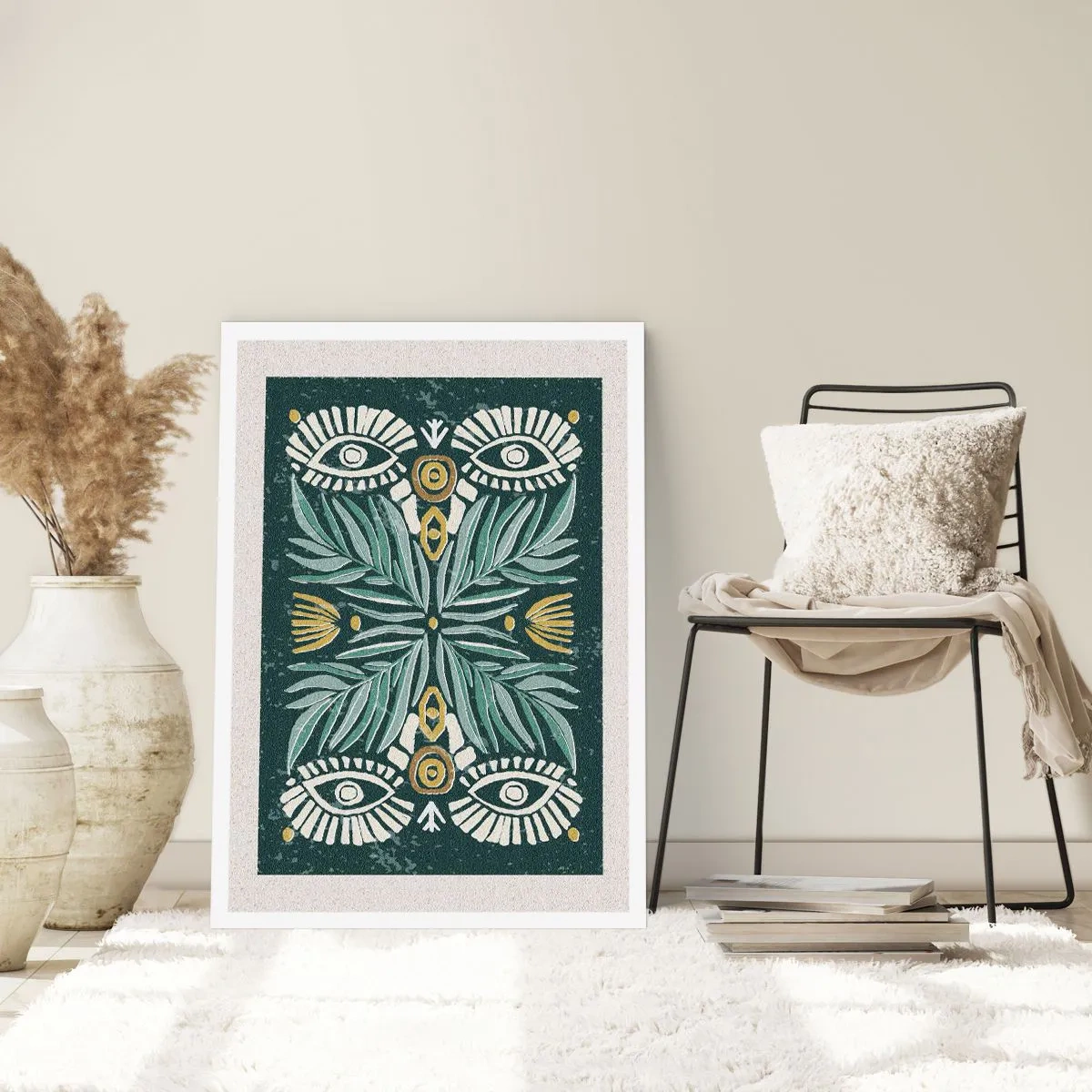 Affiche - Poster - Motif symétrique avec des feuilles et des yeux sur un fond sombre - 50x70cm - Comme une découpe folklorique - Décoration murale moderne pour le salon et la chambre ARTTOR