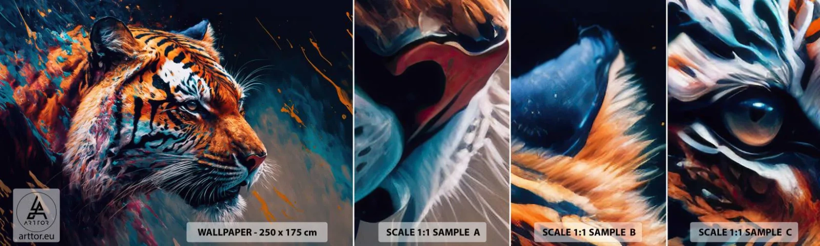 Échantillon de Papier Peint Autocollant Deluxe Sticker - Beauté sauvage - Tigre, Coloré, Animal - 100x30 cm