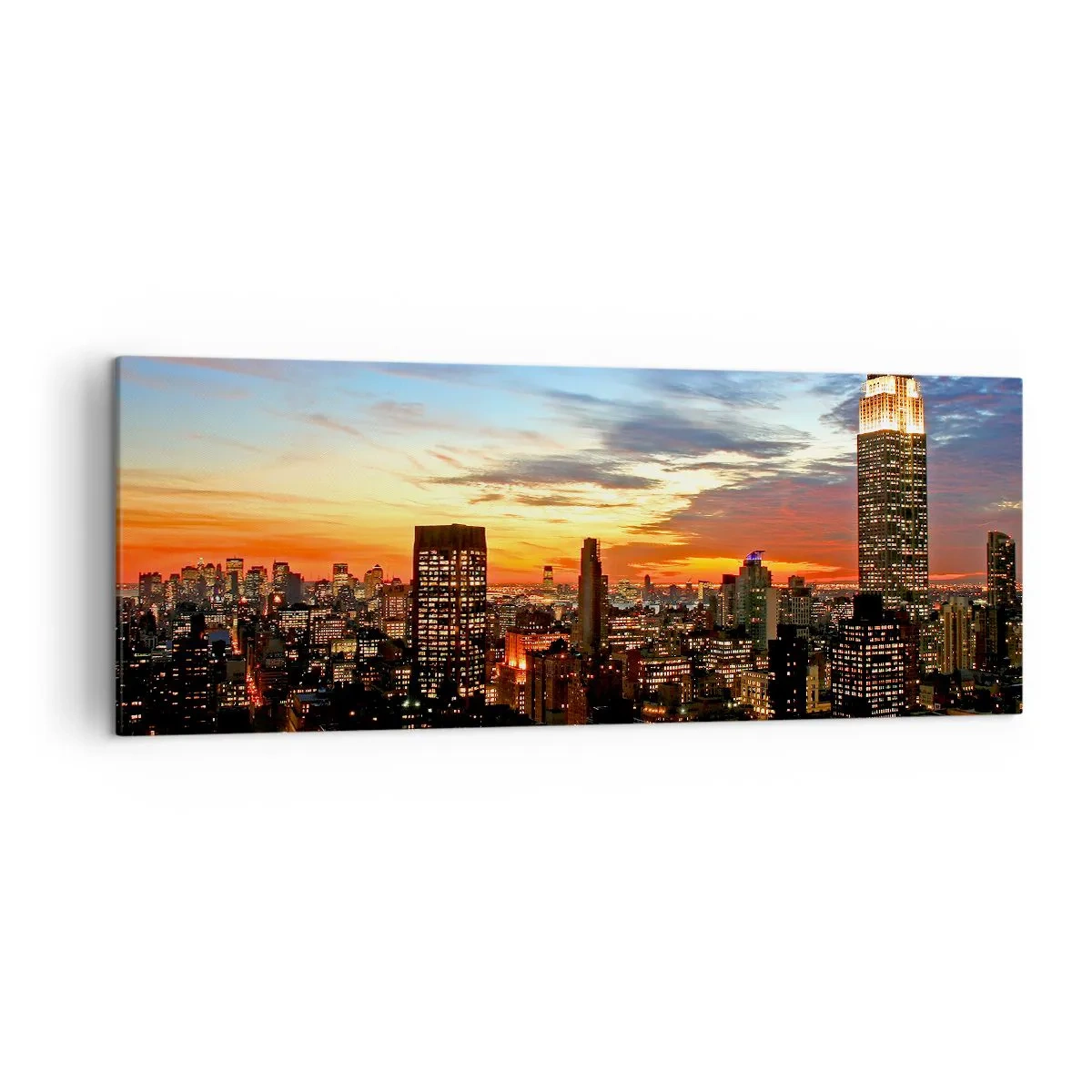 Impression sur toile - Image sur toile - Panorama de la ville avec des gratte-ciel illuminés au crépuscule - 140x50cm - Nuit américaine lumineuse - Décoration murale moderne pour le salon et la chambre ARTTOR